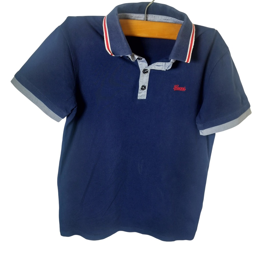 Gucci Mens Navy Blue Pique Polo Shirt Web Stripe Collar Made in Italy XS